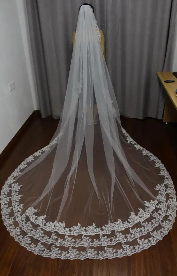 Свадебная фата в винтажном стиле длиной 3 м длинная Кружевная аппликация один