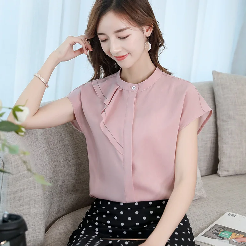 Spring Summer Chiffon Shirt Female Thin Fashion Short Sleeve Round Collar Blouse Ladies Pure Color New Korean Top Clothes H9076