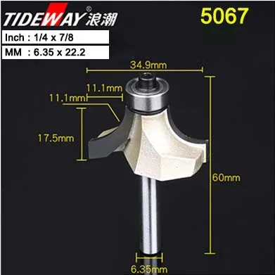 Tideway 1/4 6.35mm Corner Round Bit for Wood Woodworking Tool 2 flute Endmill with Bearing Milling Cutter Corner Round Over Bits - Длина режущей кромки: 5067