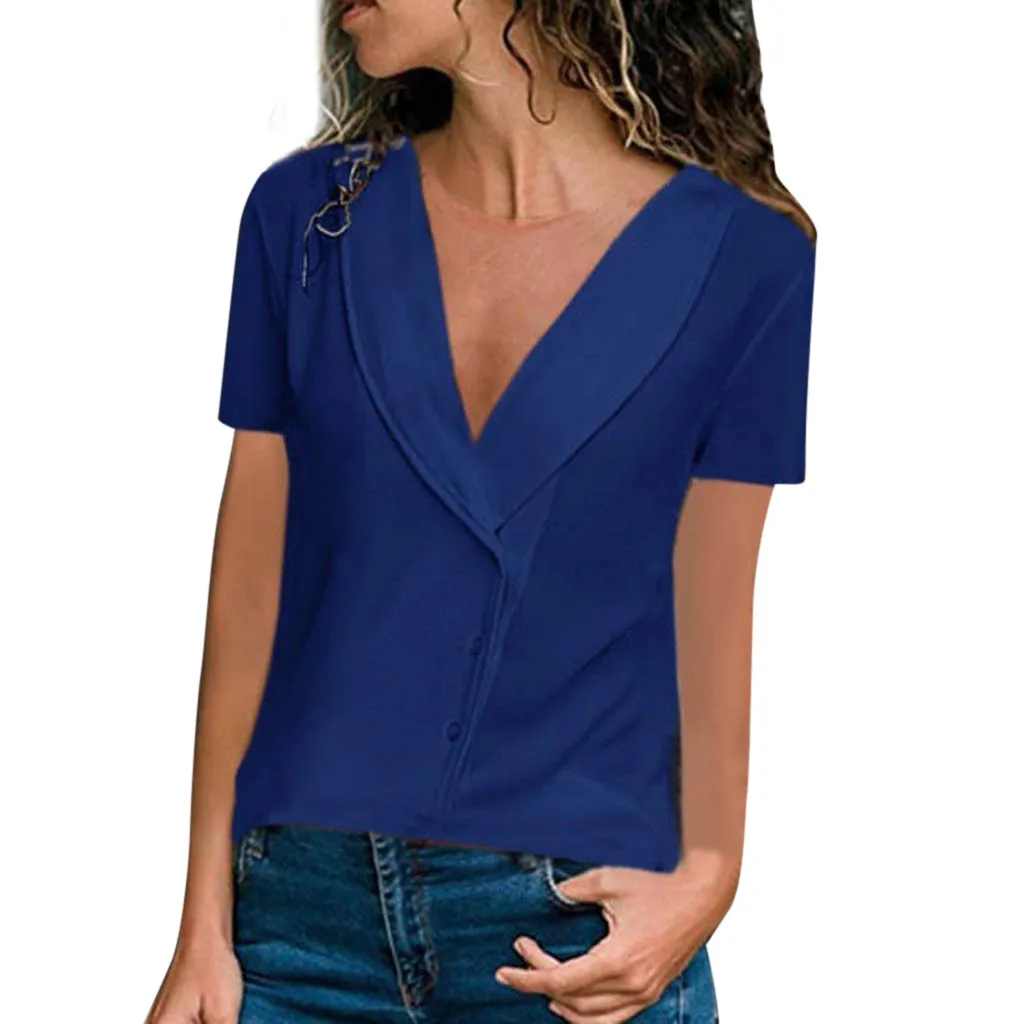 Женские летние блузки с v-образным вырезом однотонные рубашки коротким рукавом
