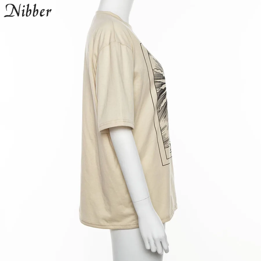 Nibber/Харадзюку, свободные топы с принтом, женские хлопковые T-shirt2019summer, уличные повседневные Стрейчевые тонкие футболки, базовая парная футболка