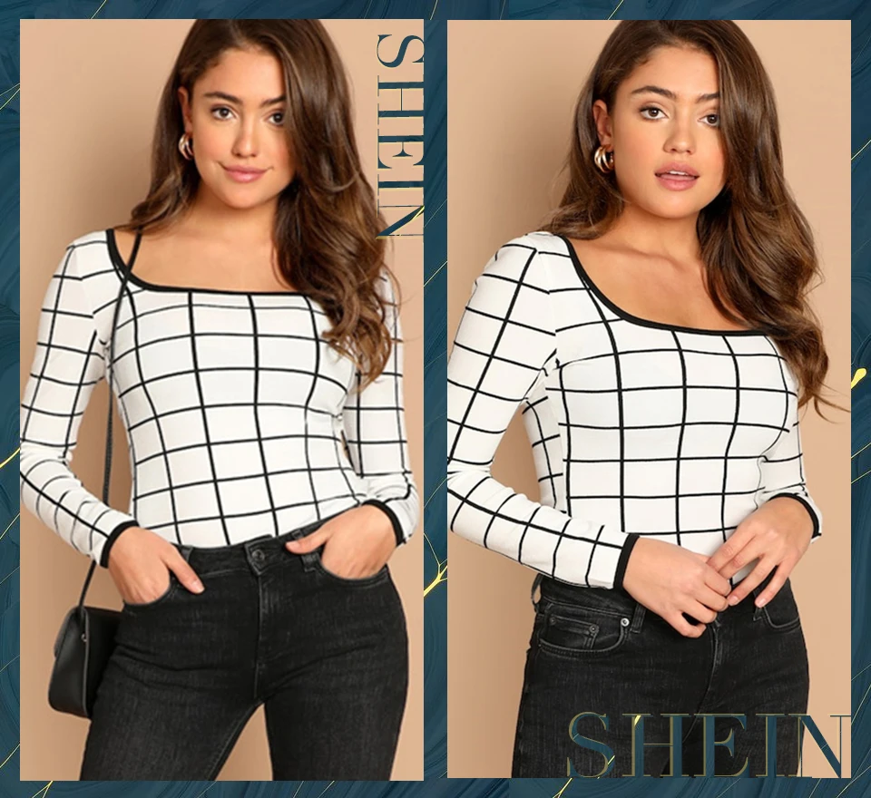 SHEIN Белый контрастный сетчатый ковш на шее, Приталенная футболка с длинным рукавом, весна, повседневная женская Современная женская футболка Highstreet