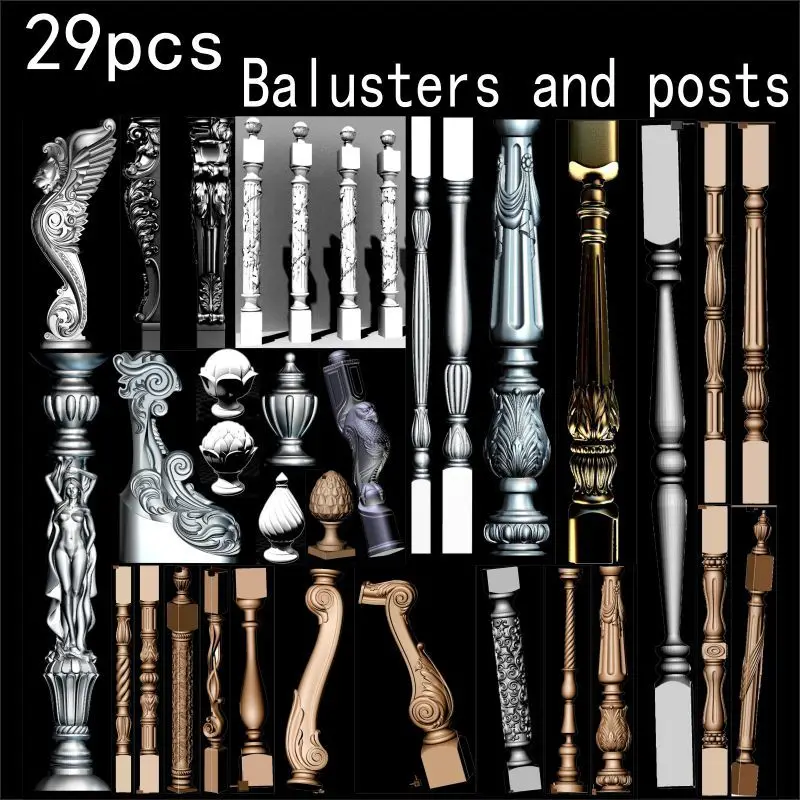 

Балясины и столбы, 29 шт., 3d модель STL, рельеф для ЧПУ, STL формат, балясины, рельефная модель STL, роутер, гравер ArtCam