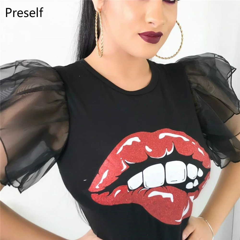 Preself 2018 Для женщин мода лето губы О образным вырезом сетки оборками Puff рукавом