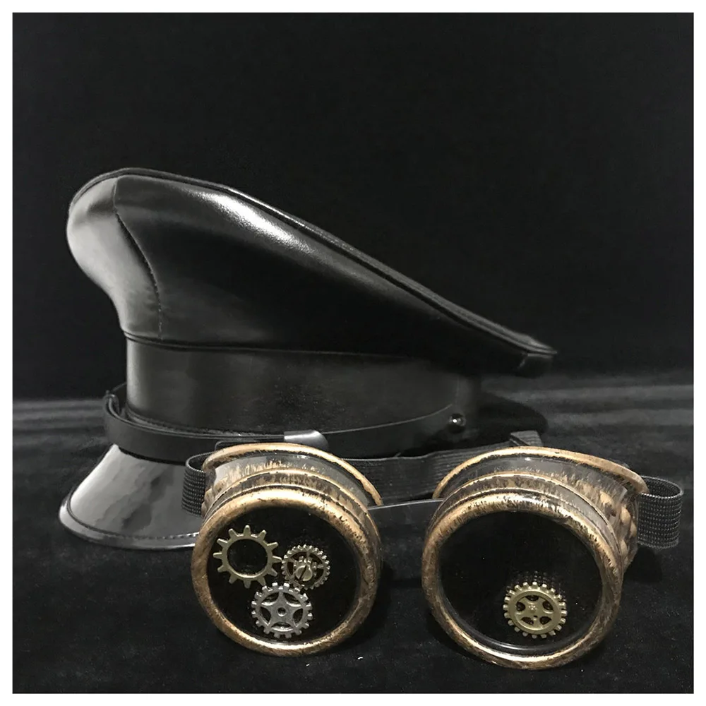 Retro Black Leather Germany Officer Visor Cap Army Hat Cortical Glasses Military Hats Police Cap Cosplay Halloween Hat