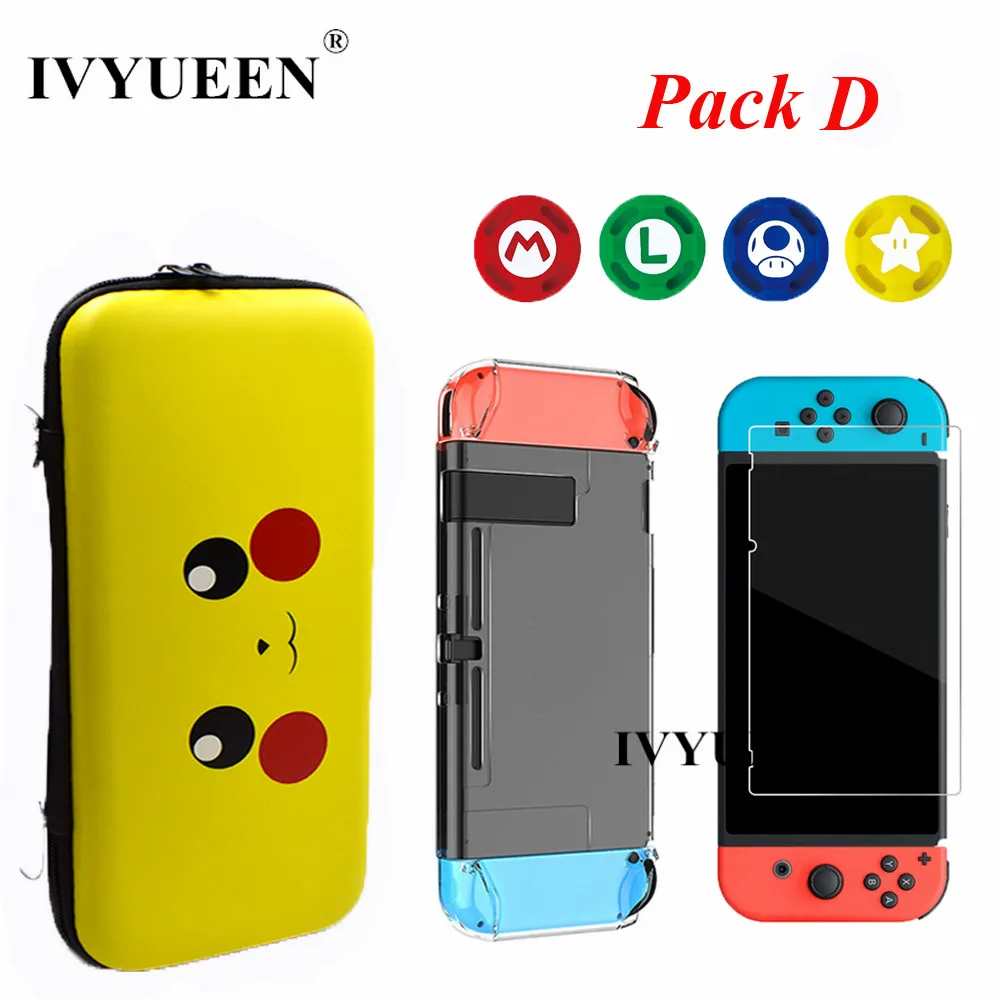 Pack D IVYUEEN, 7 в 1, сумка для переноски пульта NS, закаленное стекло, пленка и кристалл, Жесткий Чехол, аналоговый колпачок для большого пальца - Цвет: Pack D