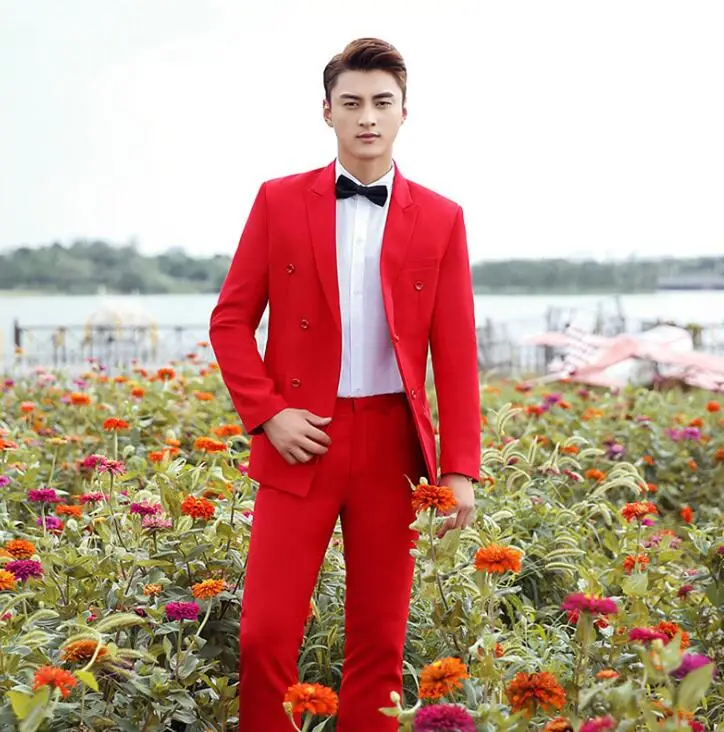 Blazer men groom suit set with pants mens wedding suits costume singer star style dance stage clothing red formal dress | Мужская одежда