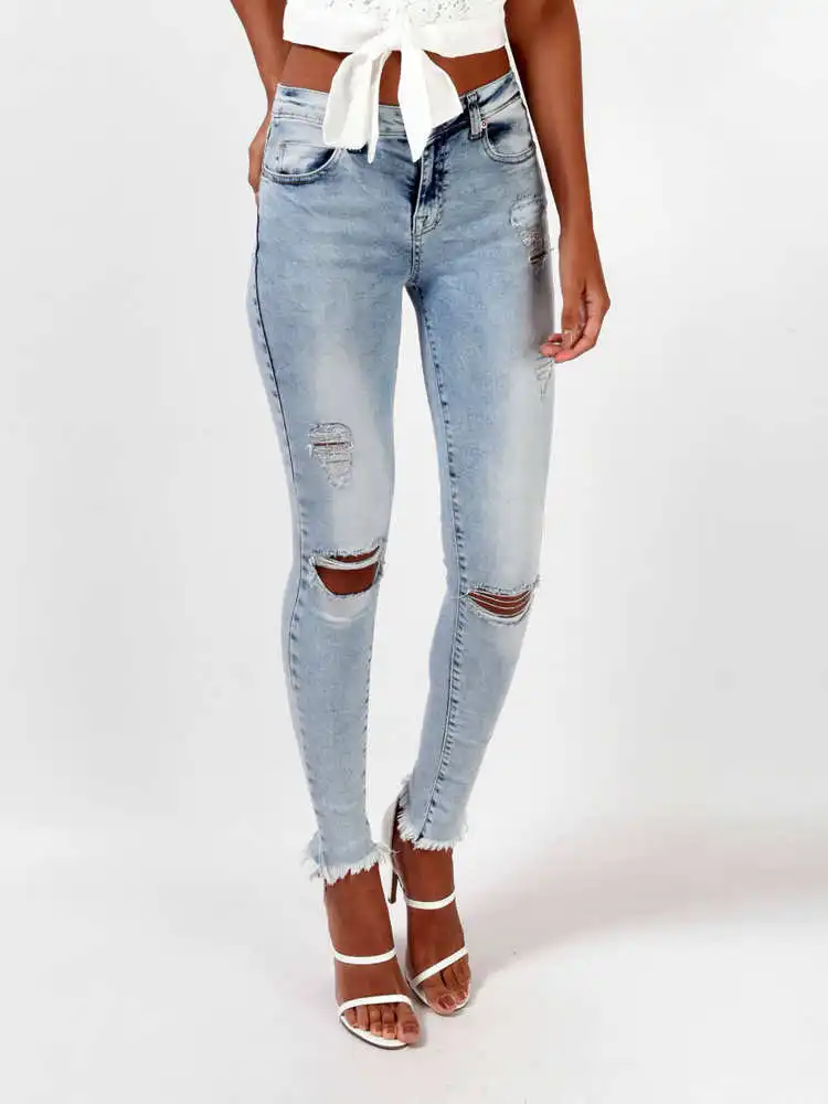 Light Blue 96% хлопковые джинсы для женщин, летние модные обтягивающие рваные джинсовые штаны, винтажные Стильные узкие джинсы-карандаш со средней талией, Женский светильник синего цвета - Цвет: Light Blue