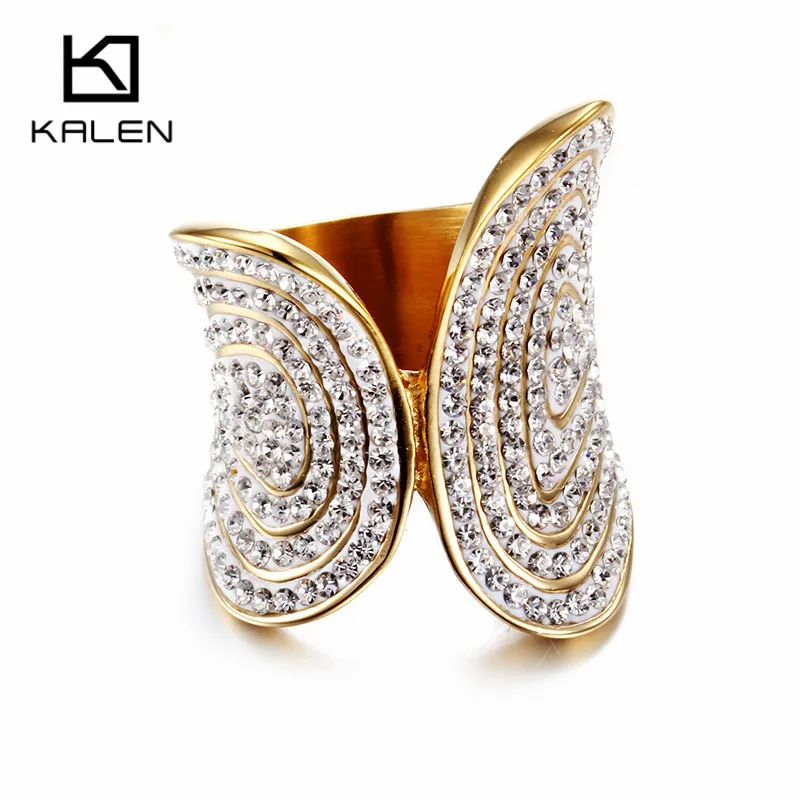 Новые Полностью белые кольца Kalen стразы из нержавеющей стали Перу Лима золотой