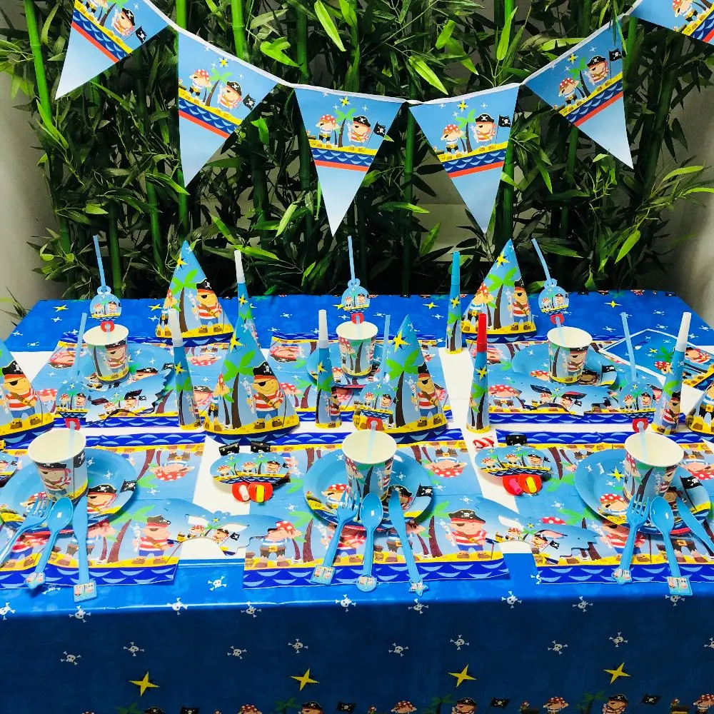 

Cartoon Pirates Kids Theme Birthday Party Decoration Straws Plates Cup Tablecloth Flag Knife Fork Spoon hat baby Favors Party