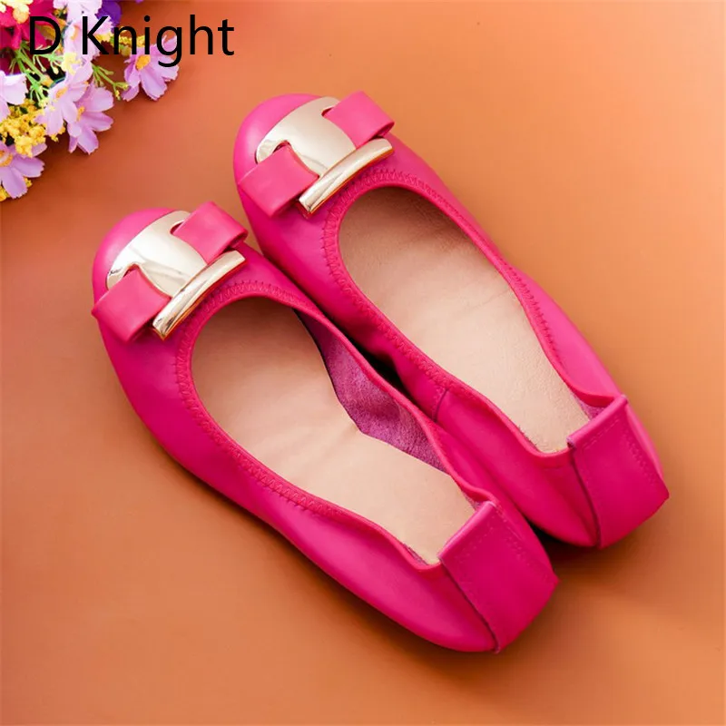 2023 New Women Flat Loafers Shoes Slip-on Bow Metal Decoration Casual Ballet Flat Genuine Leather Women Ballerina Shoes Big Size