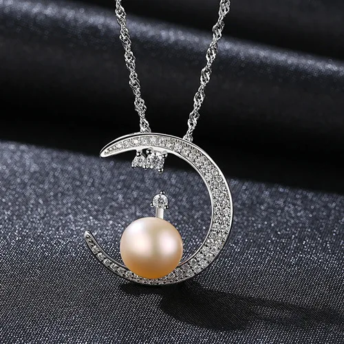 

S925 Pure Silver Pearl Necklace Moon Pendant Pearls Jewelry Korean Fashion Women's Necklace