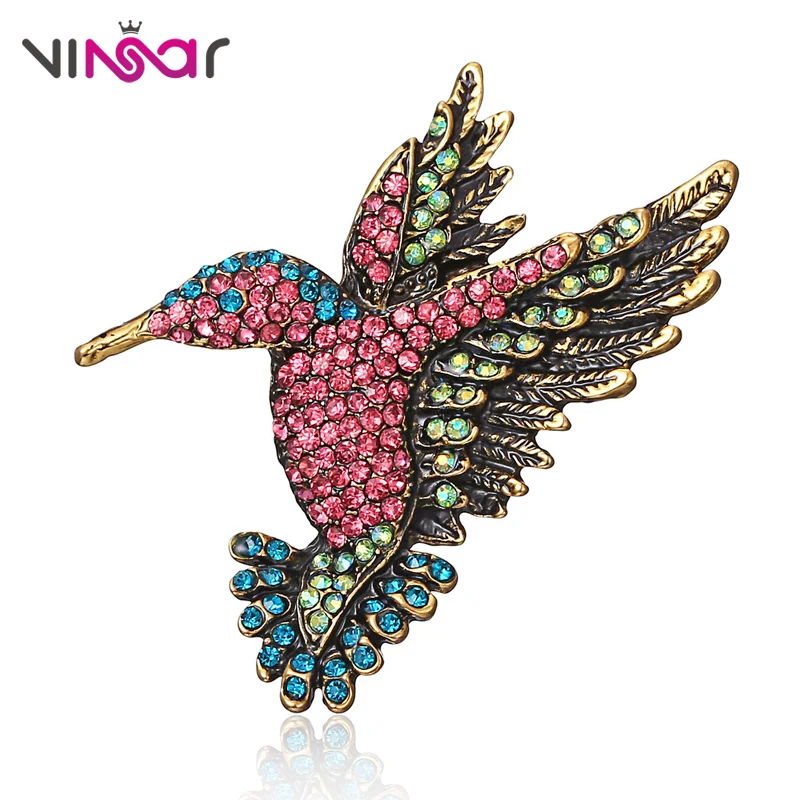 VINSAR Vintage Rhinestone Brooch Bird Ancient Gold Animal Brooches Women Cute Hummingbird Coat Sweater Pins Bijoux DW64 | Украшения и