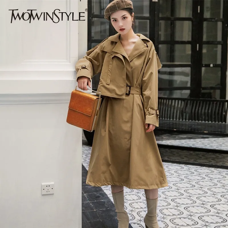 TWOTWINSTYLE нерегулярные тренчи для женщин однотонные тонкие с длинным рукавом
