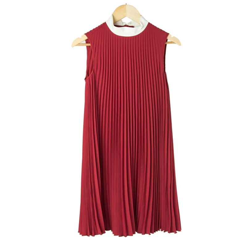 

Women Red Runway Pleated Dress Sleeveless Summer Dresses