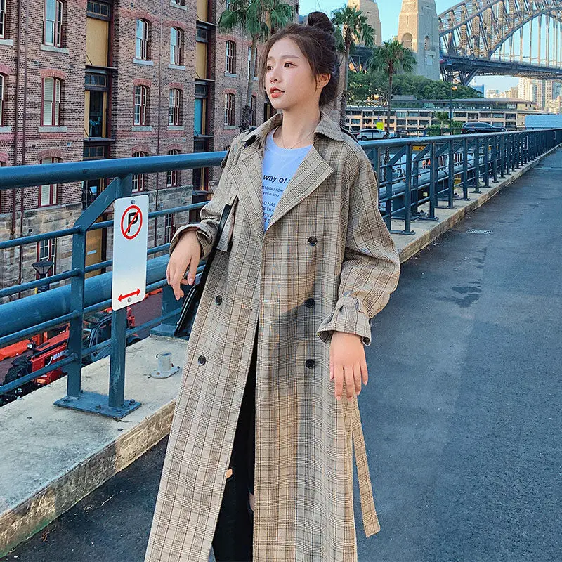 Модное длинное пальто женское повседневное клетчатое двубортное офисное