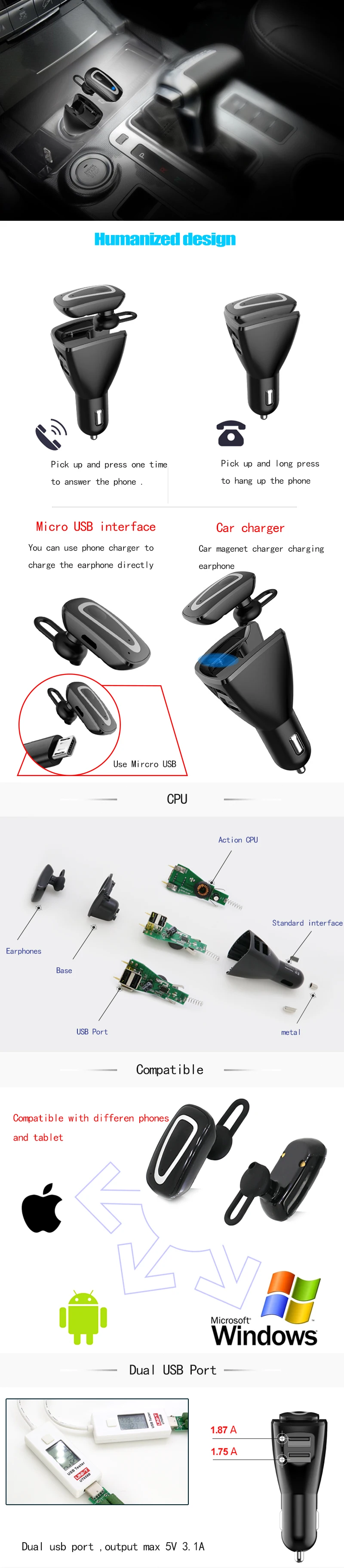 Ainina 2 в 1 5 В 3.1A USB Автомобильное зарядное устройство bluetooth беспроводные наушники двойной зарядное устройство USB Беспроводные стереонаушники