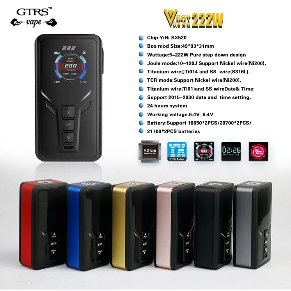 Оригинальный GTRS VBOY 222 Вт 20700 TC коробка мод с чипом SX520 и Макс выход полноцветный