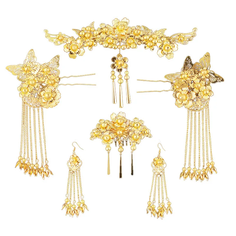 JaneVini Chinese Handmade Vintage Hair Clip Bridal Headwear Crown Golden Tassel Hairpin Earring Women Jewelry Hair Accessories