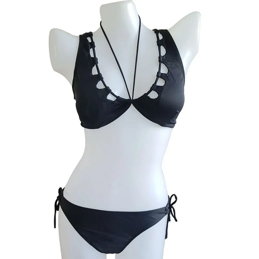 2018 DK51 With Pads Bikini Sexy Bandage Swimsuit Black Hollow-Out Bikiniswimwear |