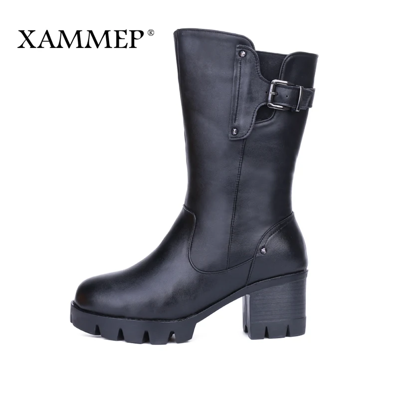 Xammep/женская зимняя обувь; Натуральная шерсть; женские зимние ботинки из натуральной кожи; высококачественные ботинки до середины икры; Брендовая женская зимняя обувь