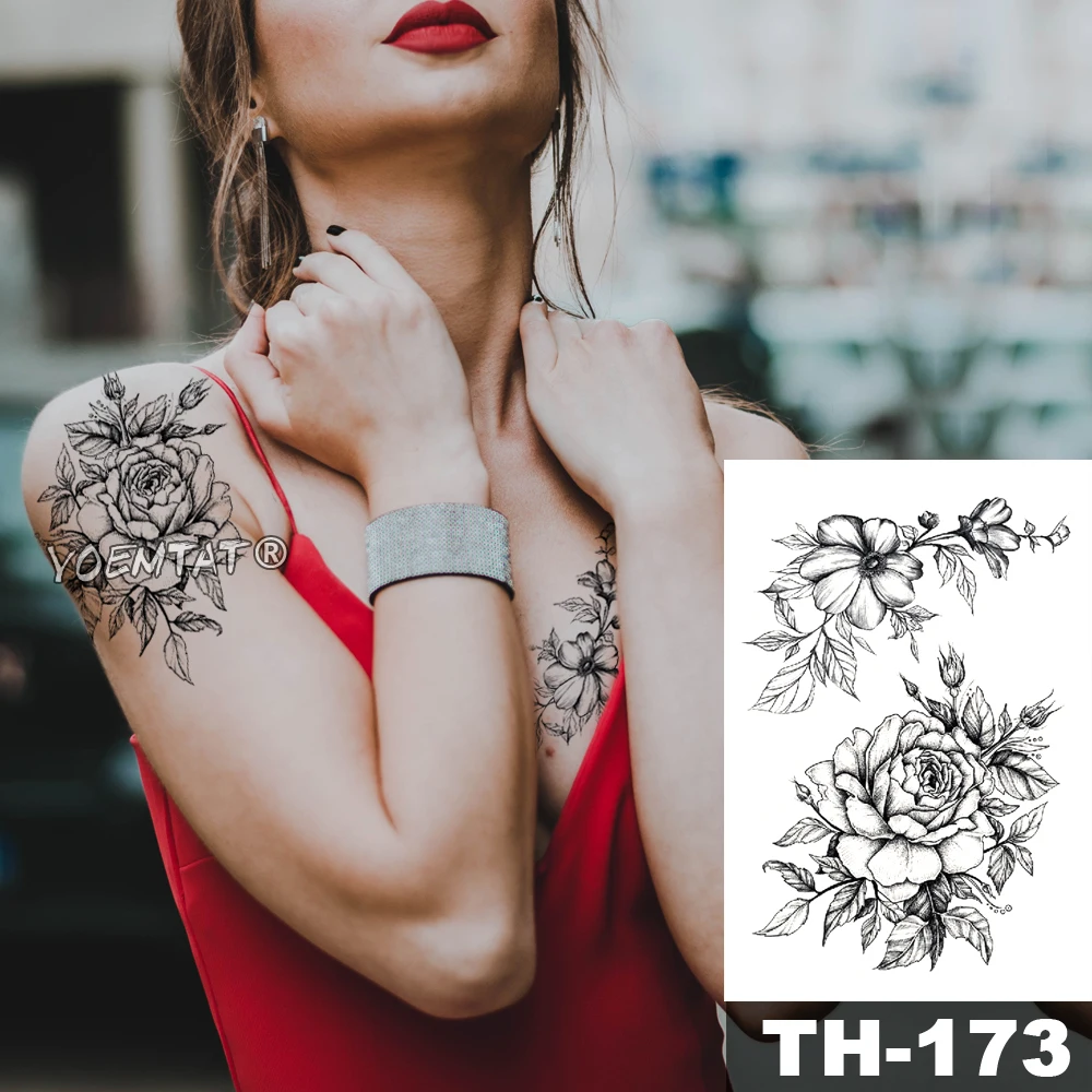 

Pink Peony Rose Flower Waterproof Temporary Tattoo Sticker Black Tatto Body Art Big Arm Hand Girl Women Fake Tatoo