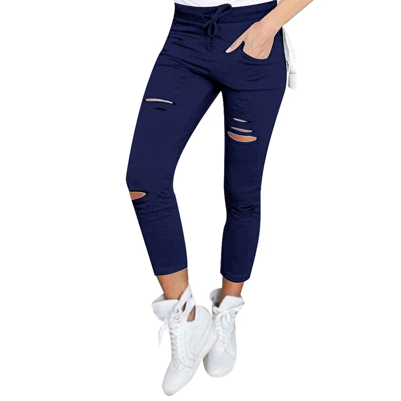 blue WENYUJH, S-4XL, обтягивающие джинсы, женские джинсовые брюки с дырками, рваные, до колена, узкие брюки, повседневные брюки, черные, белые, стрейчевые, рваные джинсы - Цвет: blue