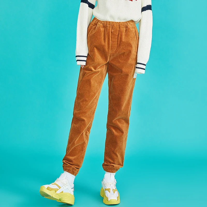 Toyouth New Autumn Vinage Patch Corduroy Pants Women Embroidery Casual Elastic Waist Trousers Loose Pleated Pants Pantalon Mujer