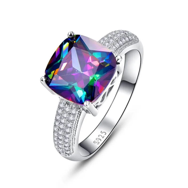 JQUEEN драгоценный камень 7.3ct Подлинная Радуга Огонь Мистик Топаз Кольцо чистый твердый 925 пробы серебро обручальное кольцо кольца для женщин - Цвет камня: 925 Silver Ring