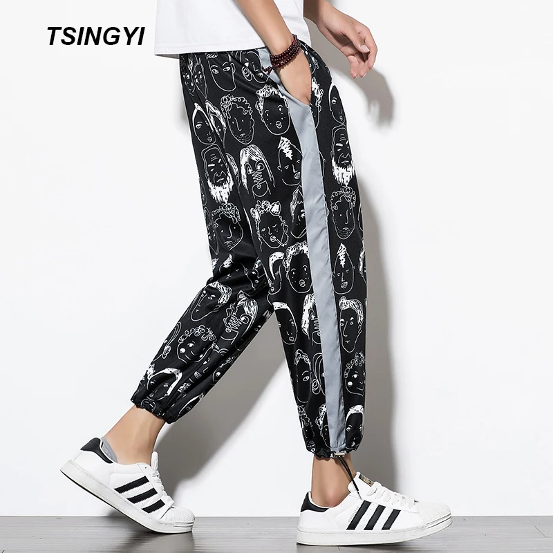 Tsingyi, светоотражающие спортивные штаны для мужчин, мультяшный персонаж, красный, белый квадрат, уличная одежда, мужские бегуны, длина по щиколотку, мужские повседневные штаны