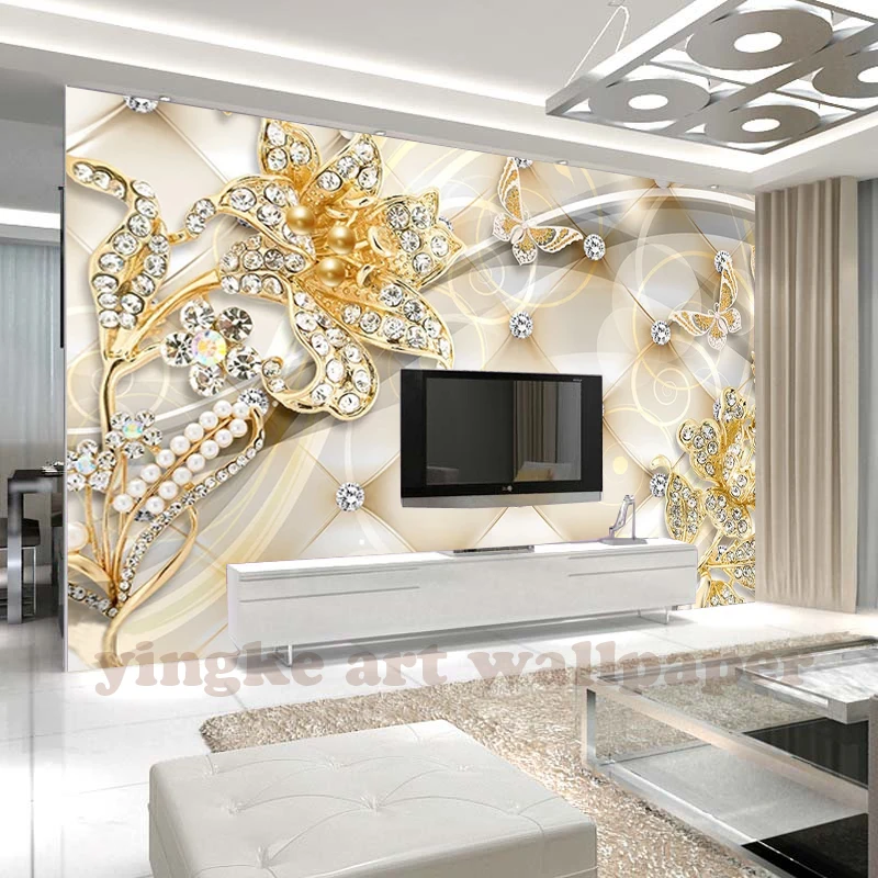 

Customized Photo Wallpaper Mural Wall Sticker Gold High Level Diamond Flower Jewelry Background Wall papel de parede