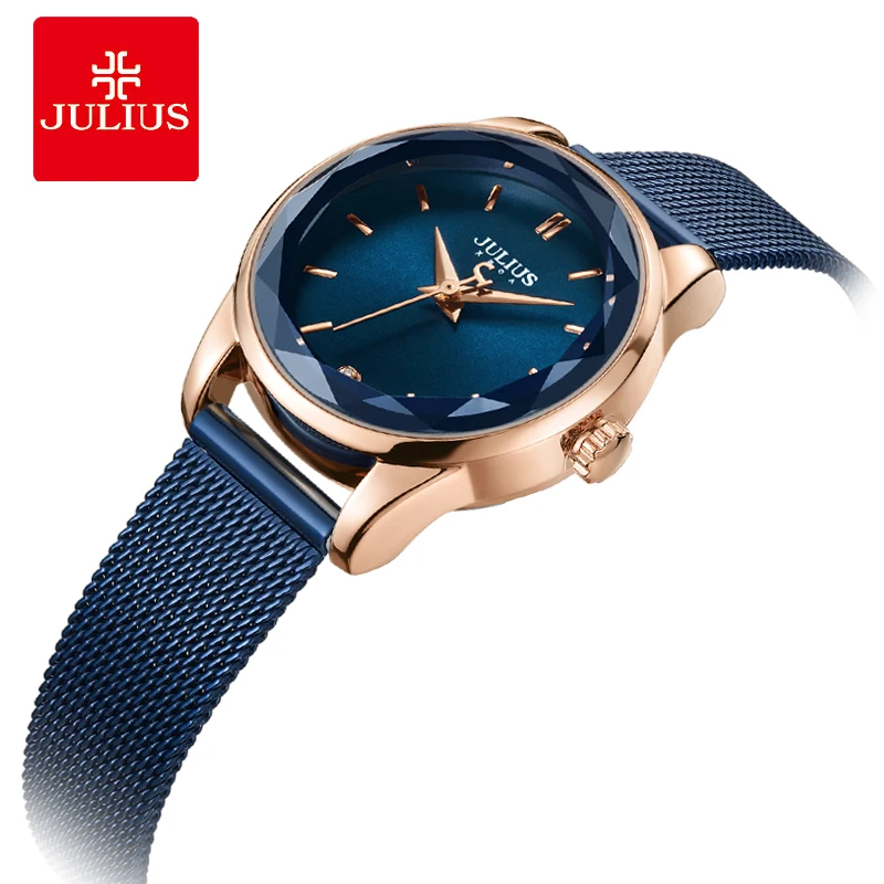 Julius Watch Irregular Crystal Glass Women's Slim Fashion Watch Simple Design Bracelet Watch Round Dial Rose Gold Clock JA-1040