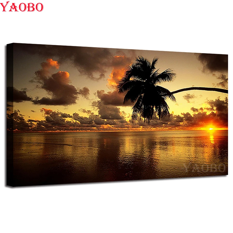 

DIY 3D Diamond Embroidery Sunset Glow Beach Seascape Diamond painting Full square round Diamond mosaic rhinestone decorative