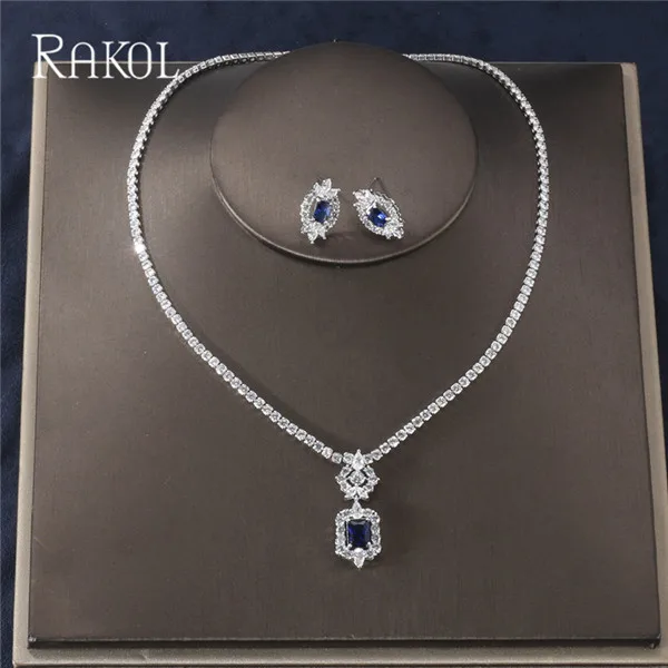RAKOL роскошный Искрящийся Блестящий кубический циркон прозрачные серьги ожерелье набор ювелирных изделий Свадебные аксессуары для одежды - Окраска металла: Blue