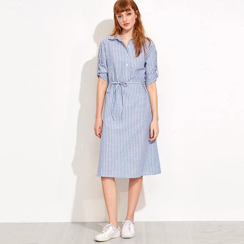 Feierhaosi отложным воротником Подпушка воротник женское платье в полоску с рукавом