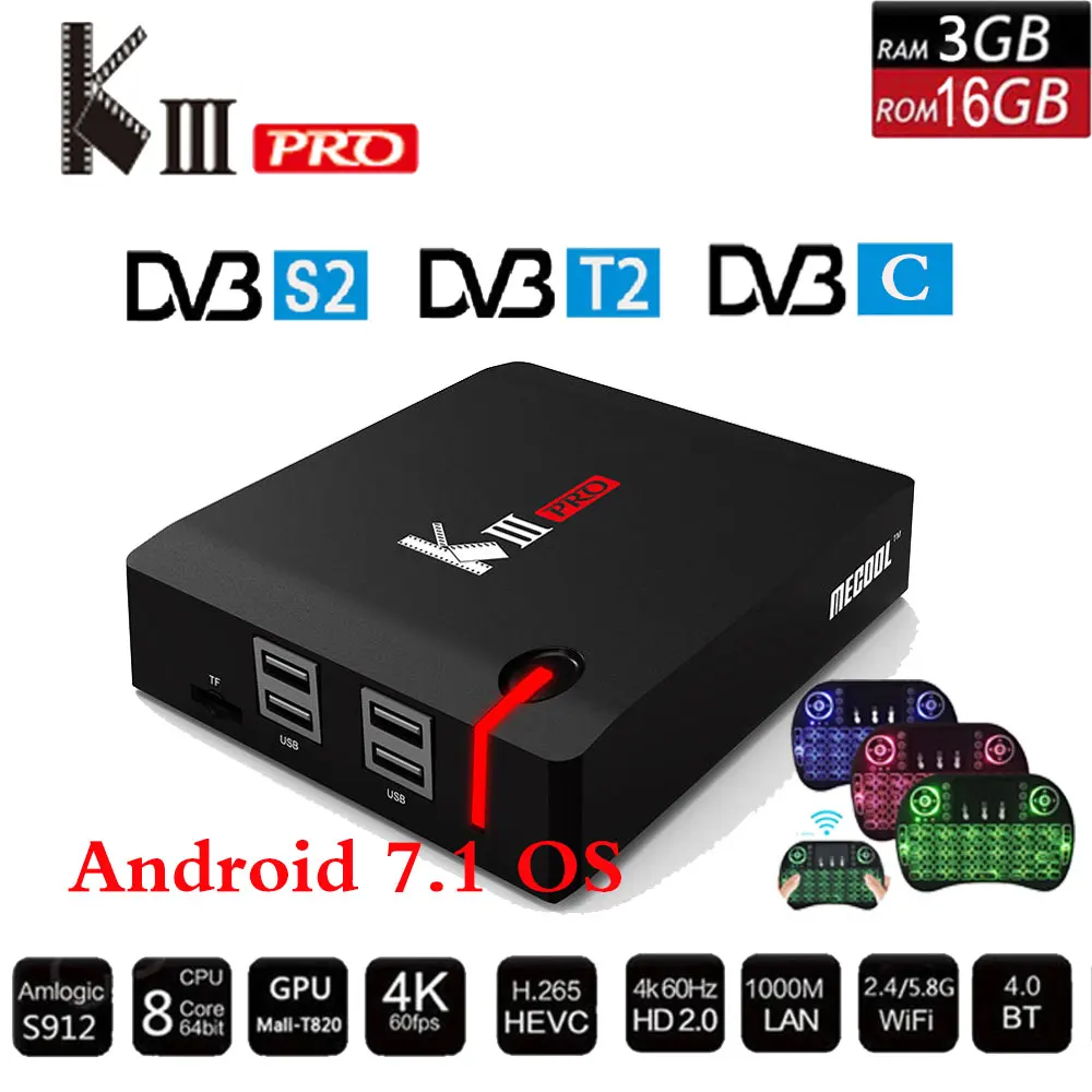 Комбинированная ТВ приставка Mecool KIII PRO декодер DVB S2/DVB T2/DVB C Android 7.1 3 Гб/16 Гб