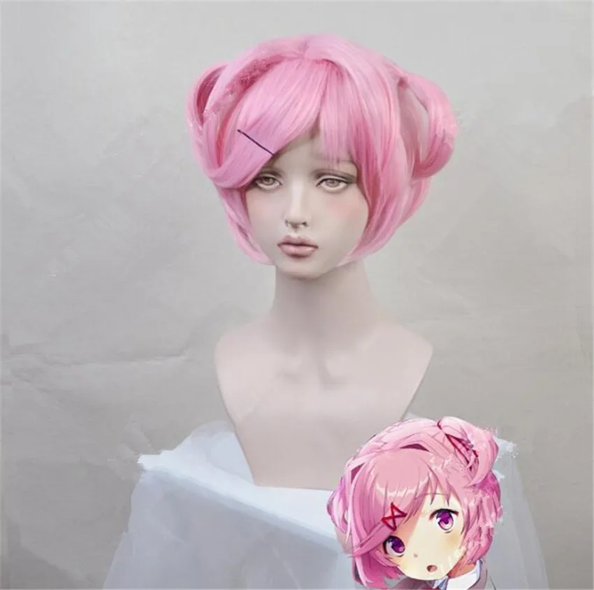 Розовый короткий парик для косплея для игры DDLC Doki Literature Club Natsuki, женские вечерние парики A623 - Цвет: as picture show
