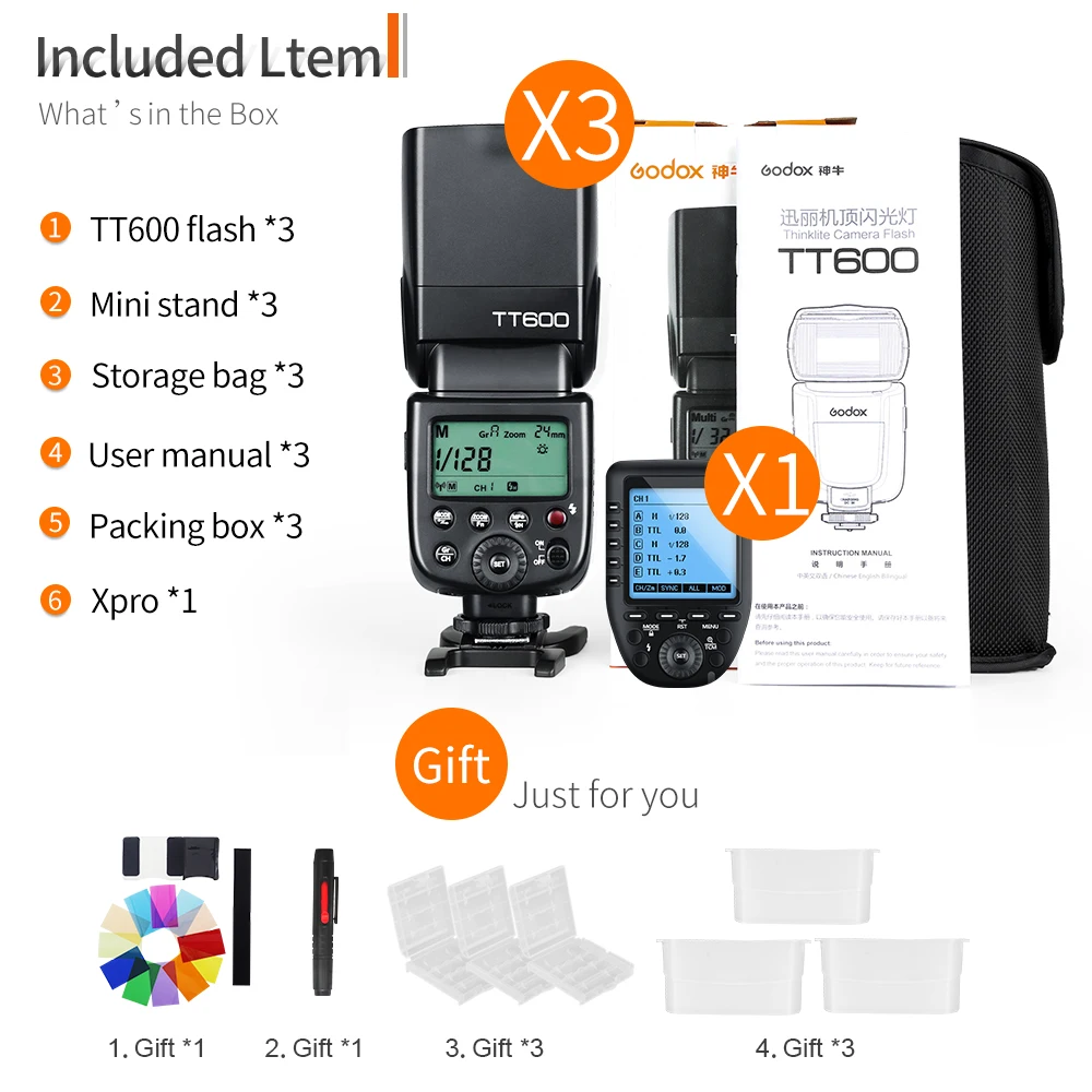 Вспышка для камеры 3x Godox TT600 со встроенным приемником и передатчиком Xpro камер Canon