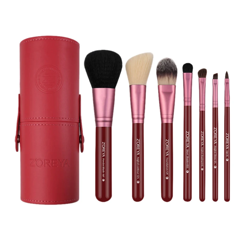 red Zoreya Brand 7Pcs Black Natural Goat Hair Lip Professional Makeup Brushes Blush Powder Foundation Eye Shadow Makeup Tools - Handle Color: red