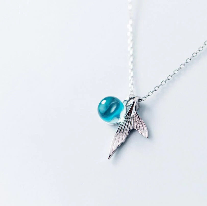 S925 sterling silver necklace female fashion simple mermaid tail sweet blue crystal clavicle chain | Украшения и аксессуары