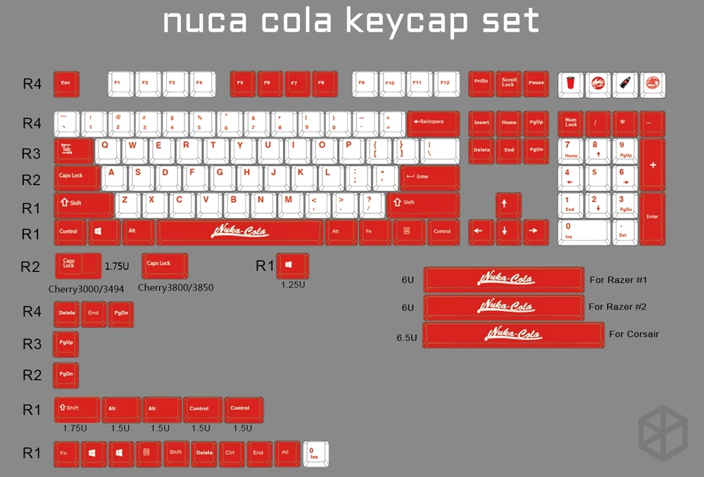 Nuca Cola Fallout Вишневый профиль Keycap набор толстый PBT белый красный лазер гравированный dip краситель gh60 xd64 xd84 96 87 104 k70 razer corsair