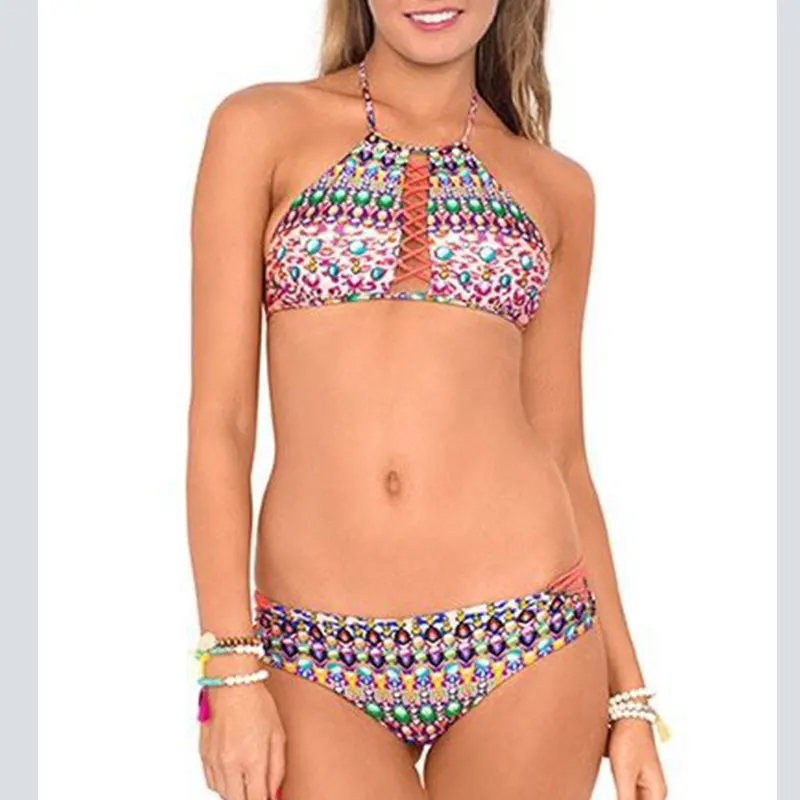 Высокая Средства ухода за кожей шеи Бикини Купальники для малышек Женский печати