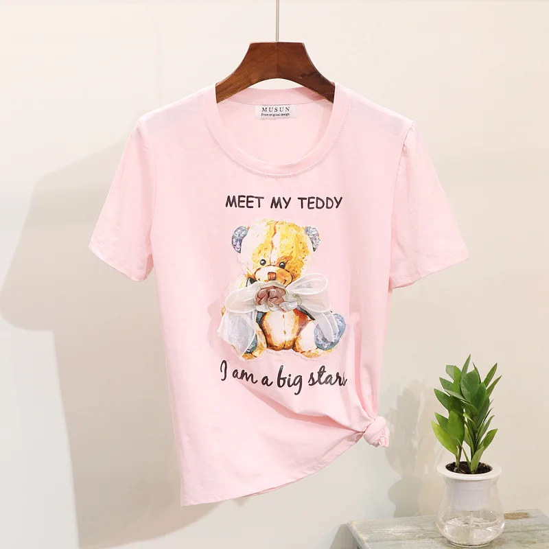2019 Весна и лето новая женская футболка жемчужные блестки мультфильм Медведь