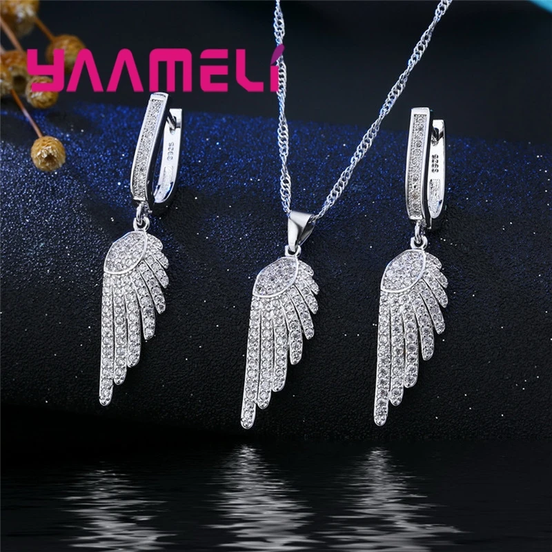 

Hot Sale New Style Crystal Necklace&Earrings Sets For Ladies Wing Design 925 Pure Silver Wedding Party Jewelry
