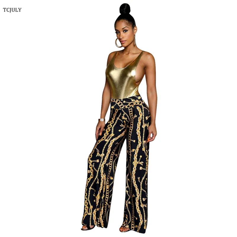 TCJULY модные широкие брюки с принтом золотых цепей высокой талией тонкие женские