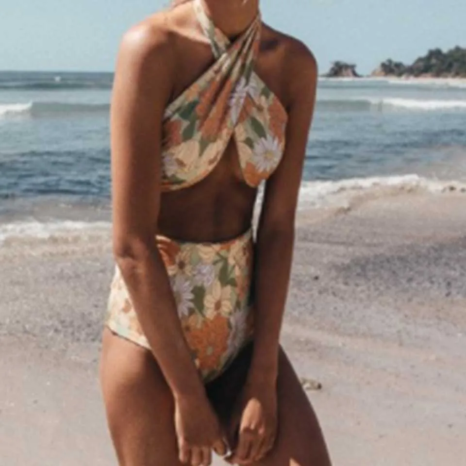 Женский купальник бикини KayVis однотонный винтажный в стиле ретро с высокой