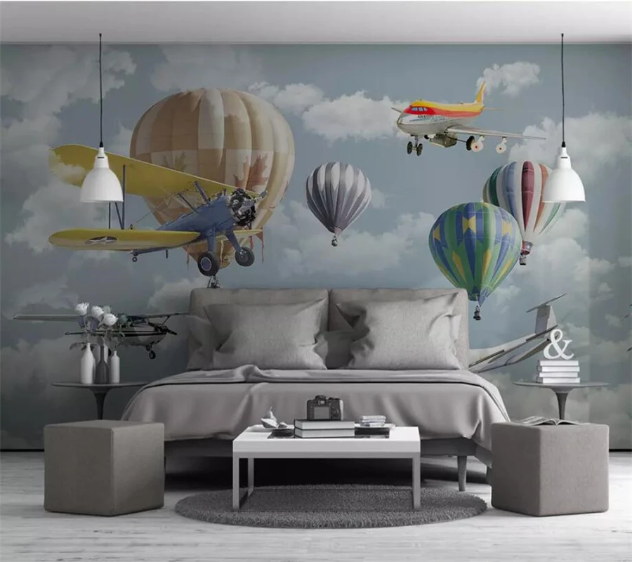 wellyu Nordic minimalist hand-painted wallpaper cartoon airplane balloon children's room TV background custom 3d photo | Обустройство