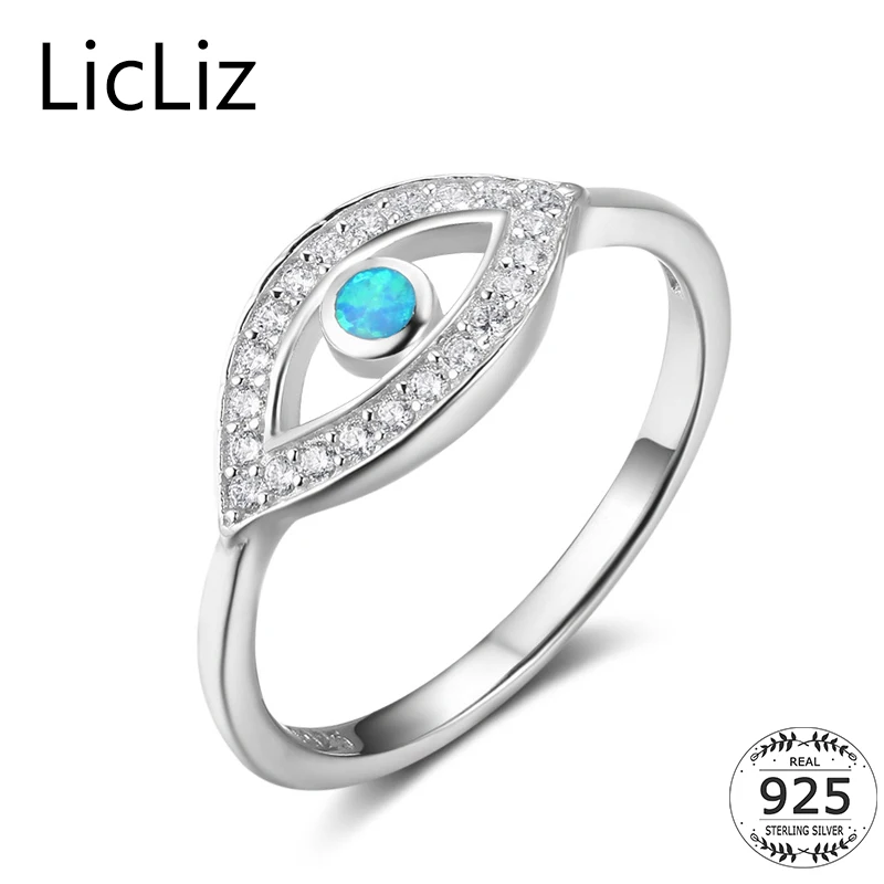 

LicLiz 925 Sterling Silver Eye Ring For Women Solitaire Opal Ring Wedding Eternity Band CZ Hollow Triangle Pave Ring Anel LR0366