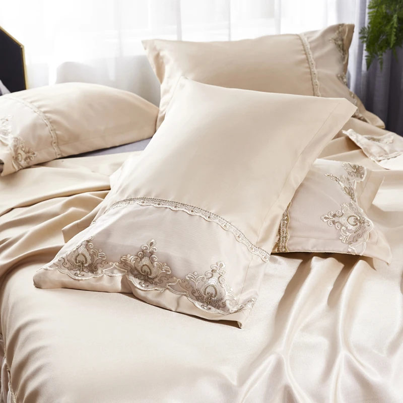 Princess Europe Style 3 Pcs Summer Bed Set Skirt Pillowcase Ice Silk Seat Sheet Solid Double Lace Light Camel Pink | Дом и сад