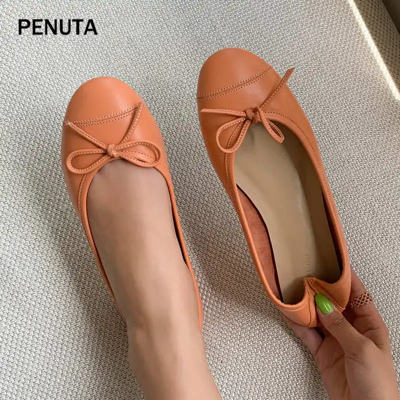 Orange PENUTA/; женская повседневная обувь из овечьей кожи; балетки на плоской подошве; тонкие туфли; женские Кожаные Мокасины с бантом; PF925 - Цвет: Orange